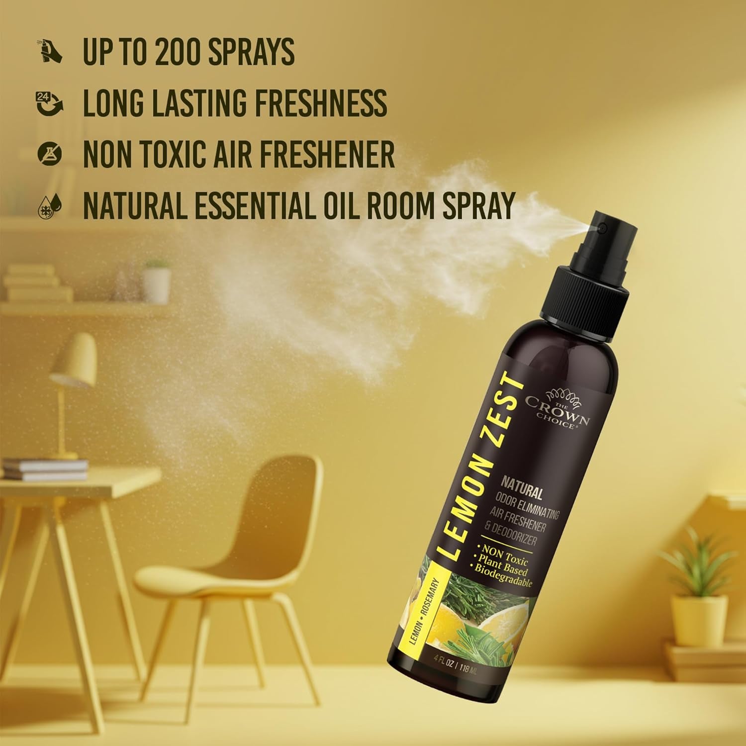 Non-Toxic Odor Eliminator, Natural Citrus Lemon Zest Air Freshener Spray for Home, Room, Closet & Couch Deodorizer, Long Lasting Bathroom & Toilet Freshener, Safe for Kids & Pets - 2 PK - 4 Oz Each