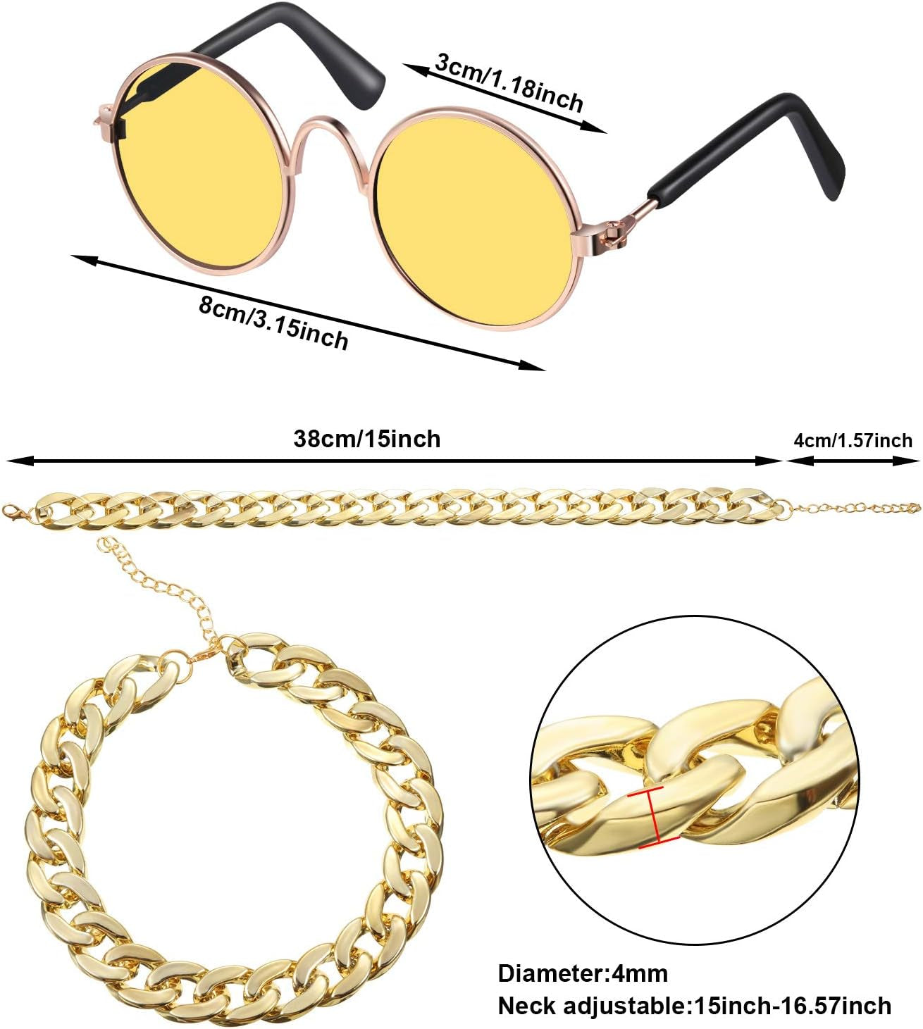 7 Pcs Dog Sunglasses Cats Sunglasses with 2 Gold Chain Retro round Metal Glasses Funny Cute Cosplay Costume for Small Pet(Vivid Colors,Lovely Style)