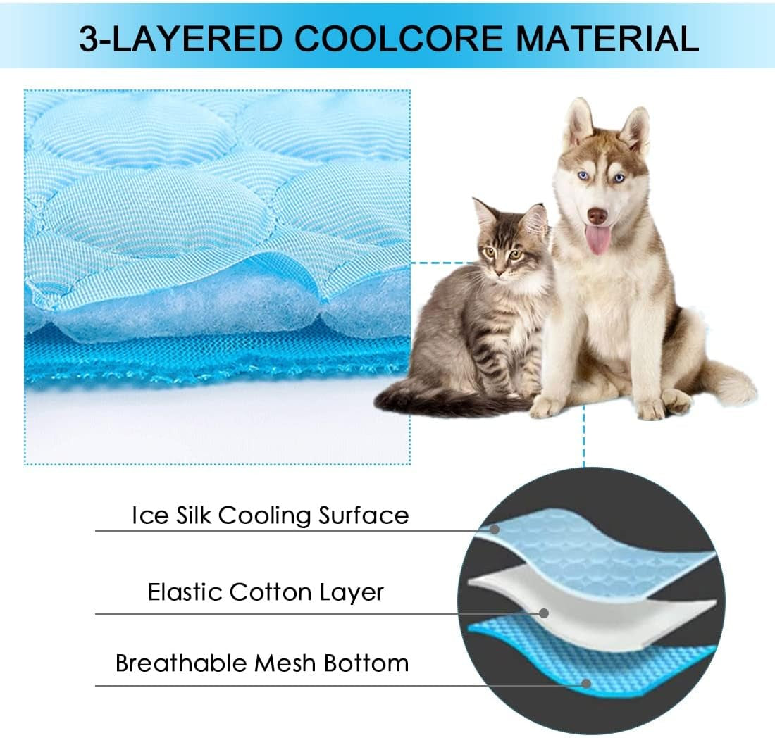 Dog Self Cooling Mat Pet Washable Cooling Pads Blanket Sleeping Kennel Mat,Ice Silk Sleep Mat Pad Non-Toxic Breathable Sleep Bed Beach for Large Dogs Cats (Blue, 27.5X39.4 In)
