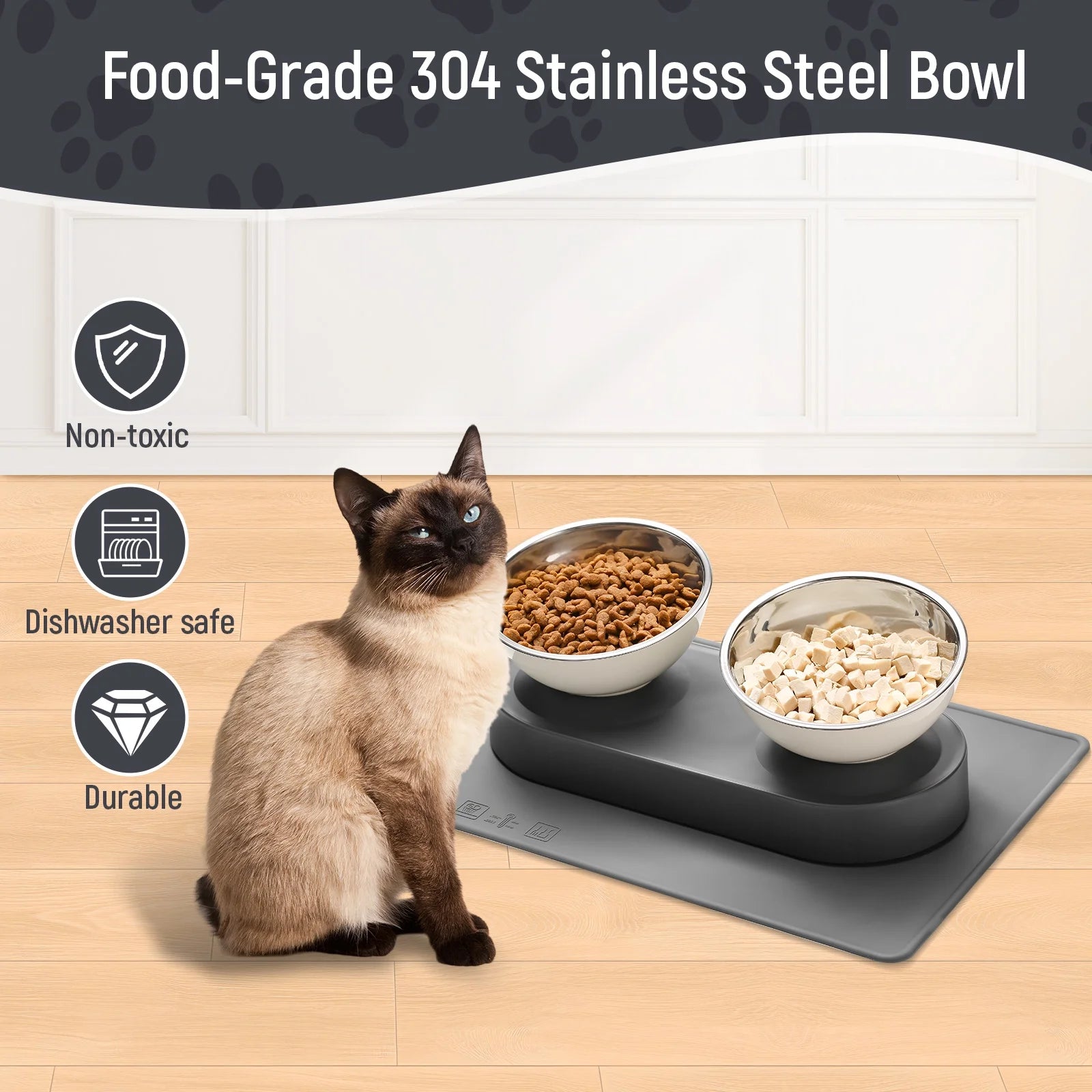 Stainless Steel Elevated Cat Bowls Set with Anti-Slip Mat