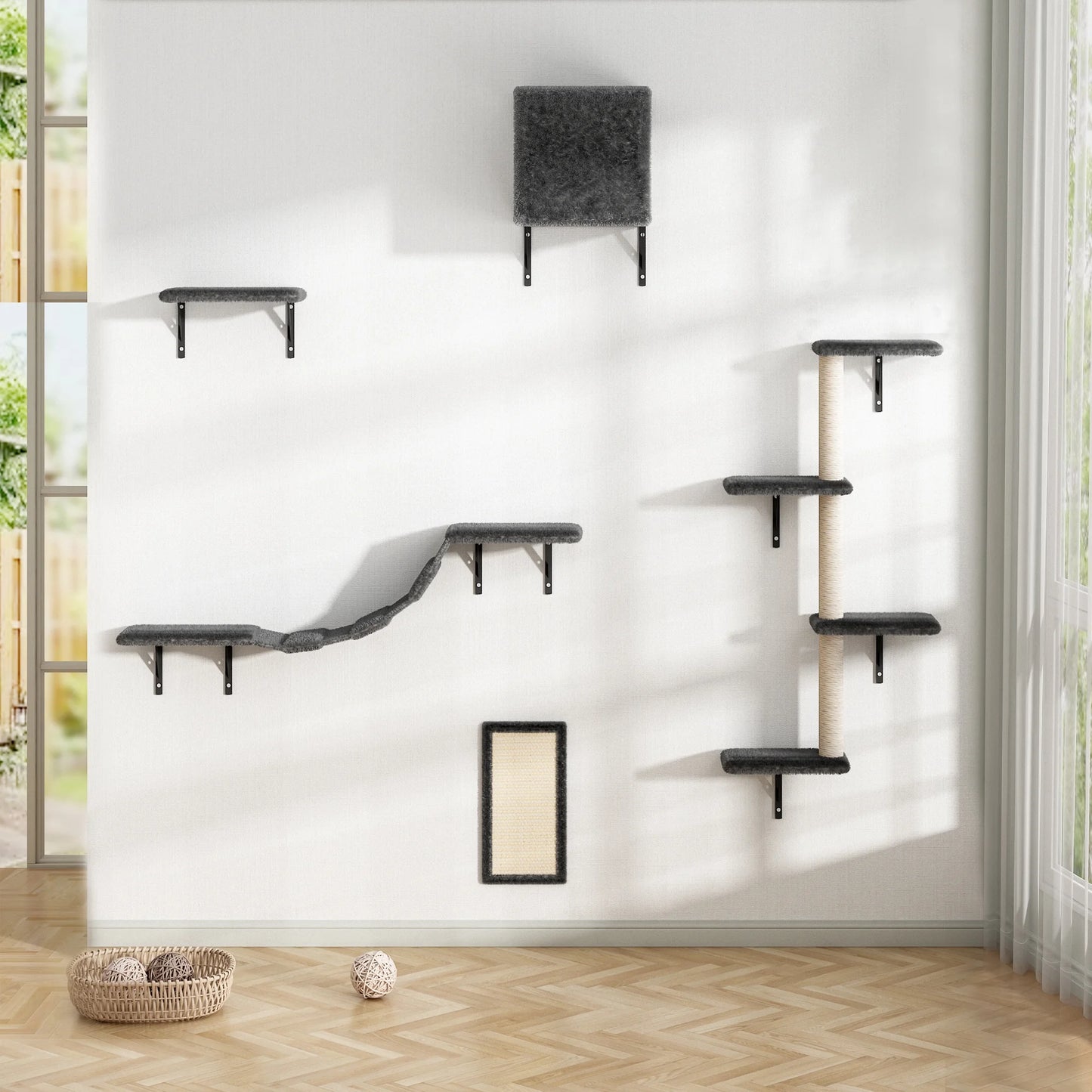 Cat Wall Shelves and Perches Set of 5, Indoor Cat Condo for Sleeping Playing Lounging Climbing Cat Tree House, Gray