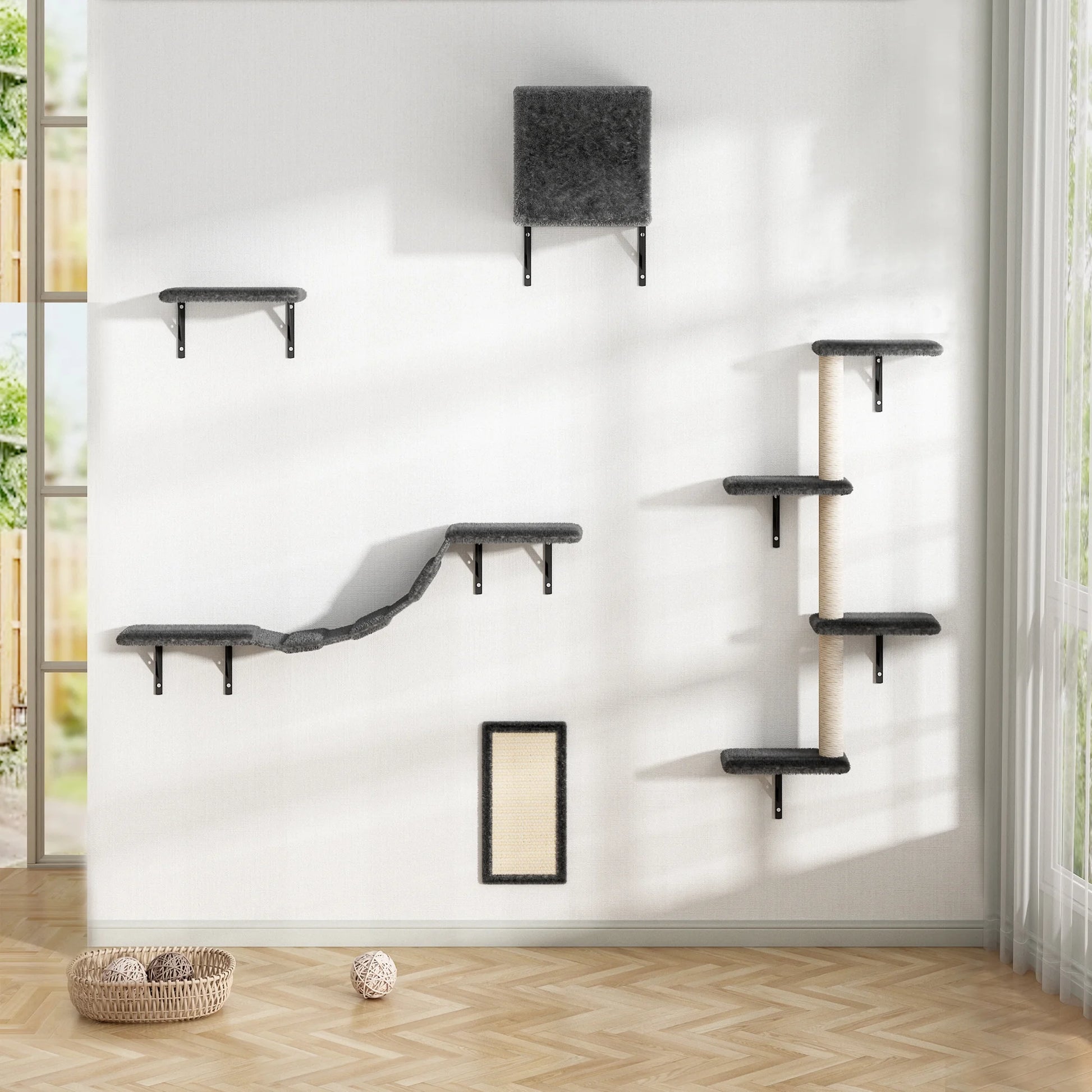 Cat Wall Shelves and Perches Set of 5, Indoor Cat Condo for Sleeping Playing Lounging Climbing Cat Tree House, Gray