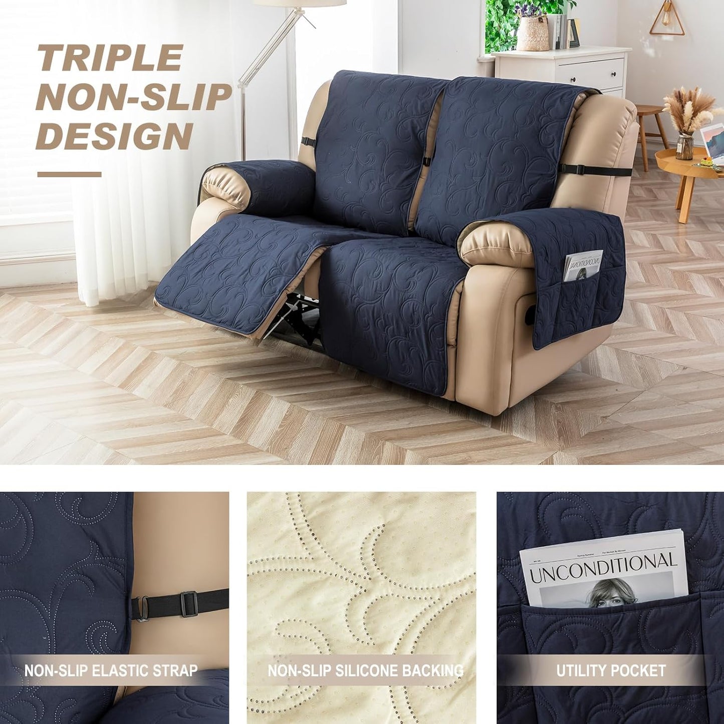 Couch Covers for 2 Cushion 100% Waterproof Couch Sofa Reclining Sofa Covers 3 Seat Couch Covers for Reclining Couches Furniture Protector for Dog (Navy Blue, 2 Seater)