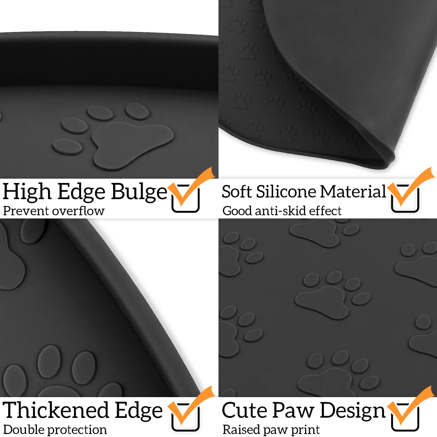 Silicone Pet Placemat for Dogs and Cats, Waterproof Pet Feeding Mat Prevent Food and Water Overflow, High-Lips Dog Food Mats, Black