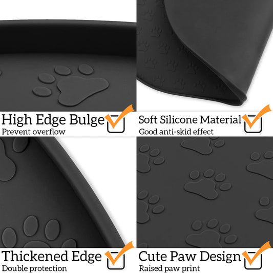 Silicone Pet Placemat for Dogs and Cats, Waterproof Pet Feeding Mat Prevent Food and Water Overflow, High-Lips Dog Food Mats, Black