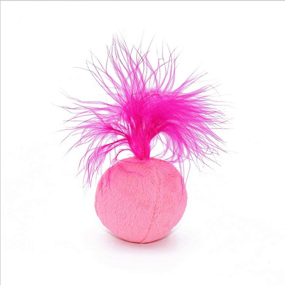 Furry Rattle Ball Cat Toy with Feather and Catnip - Interactive Pom Pom Balls for Cats, Soft and Lightweight, 2 Inch, 3 Pack.