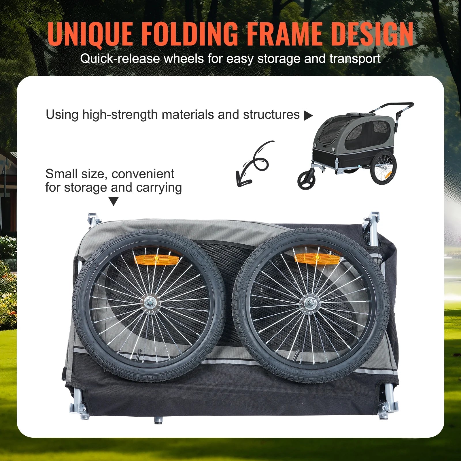 Pet Bike Trailer, up to 88 Lbs Capacity, Dual-Function Dog Stroller and Bicycle Hitch, Foldable Frame with Snap-On Wheels, Includes Bike Attachment, Safety Reflectors, and Flag, Black/Gray
