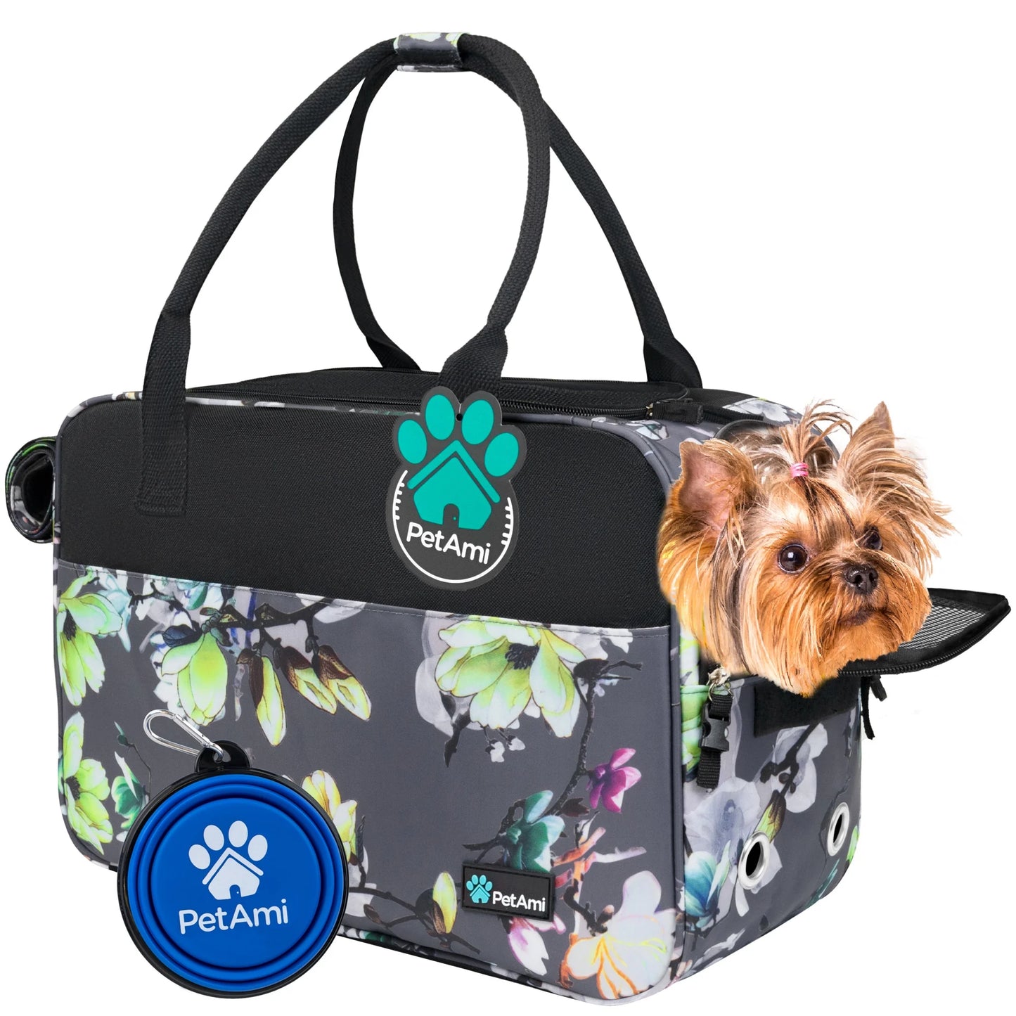 Petami Dog Purse Carrier for Small Dogs, Airline Approved Soft Sided Pet Carrier W/ Pockets, Ventilated Dog Carrying Bag Puppy Cat, Dog Travel Supplies Accessories Carry Tote, Sherpa Bed, Floral Gray
