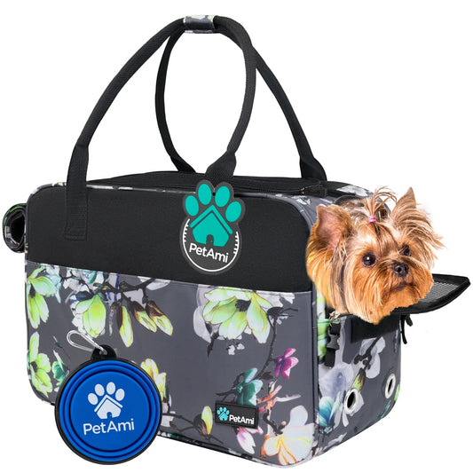 Petami Dog Purse Carrier for Small Dogs, Airline Approved Soft Sided Pet Carrier W/ Pockets, Ventilated Dog Carrying Bag Puppy Cat, Dog Travel Supplies Accessories Carry Tote, Sherpa Bed, Floral Gray