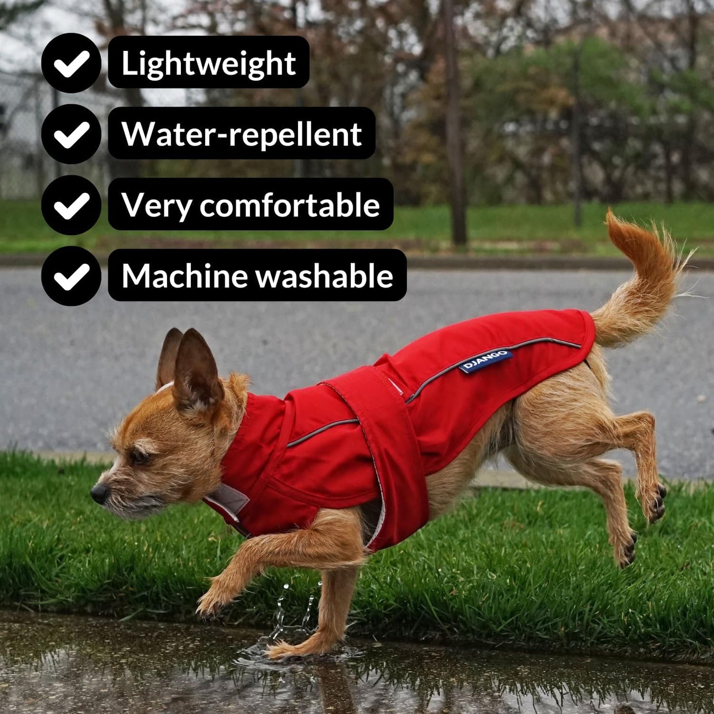 Dog Jacket & Raincoat – Lightweight Water-Resistant Coat for Small, Medium & Long Dogs like Dachshunds – Reflective, Adjustable Fit, Harness-Compatible & Easy-Access Harness Hole - Red, Small