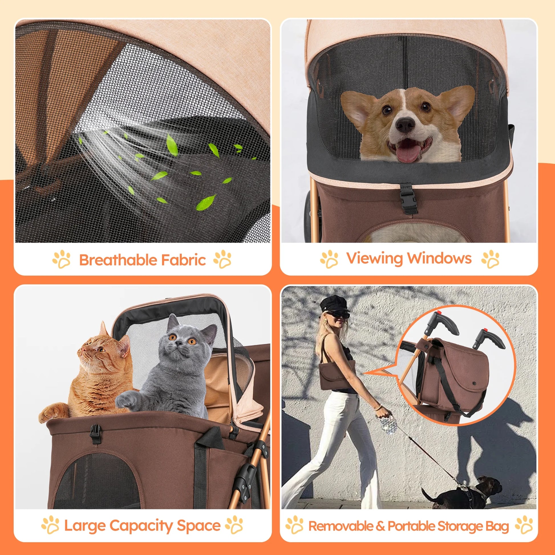 3-In-1 Pet Stroller, Foldable 4-Wheel Cat & Dog Stroller with Detachable Carrier, Canopy and Storage Basket, up to 60Lbs, Brown