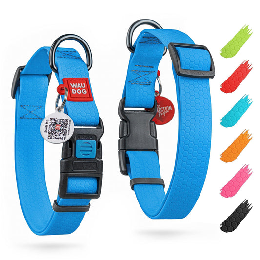 Waterproof Dog Collar 12-19 Inch Neck X 1 Inch Wide Plastic Buckle Adjustable Dog Collar for Large Dogs Small and Medium Dogs Breakaway Dog Collar Waterproof with Plastic Buckle and QR Dog Tag Boy & Girl Dog Collars (Blue)