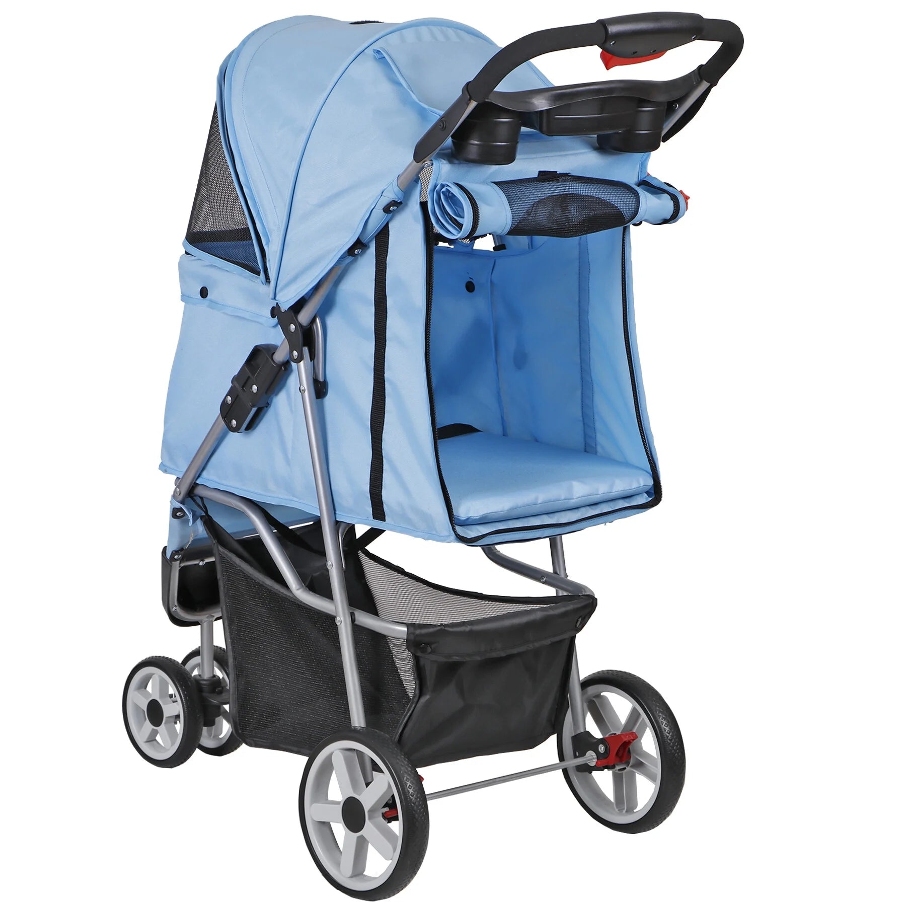 3 Wheels Foldable Pet Stroller for Small Dog Max. 33Lbs W/Storage Basket, Blue