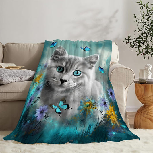 Cute Cat with Blue Butterfly Throw Blanket - Ultra Soft Cozy Fleece Kitten Blanket for Girls, Women & Kids - 40"X50" Cat Lover Gifts