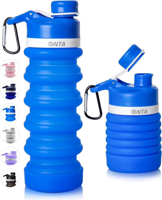 Collapsible Water Bottle- BPA Free Silicone Foldable Water Bottle for Travel,Silicone Portable Leak-Proof Travel Water Bottle 20Oz, Blue
