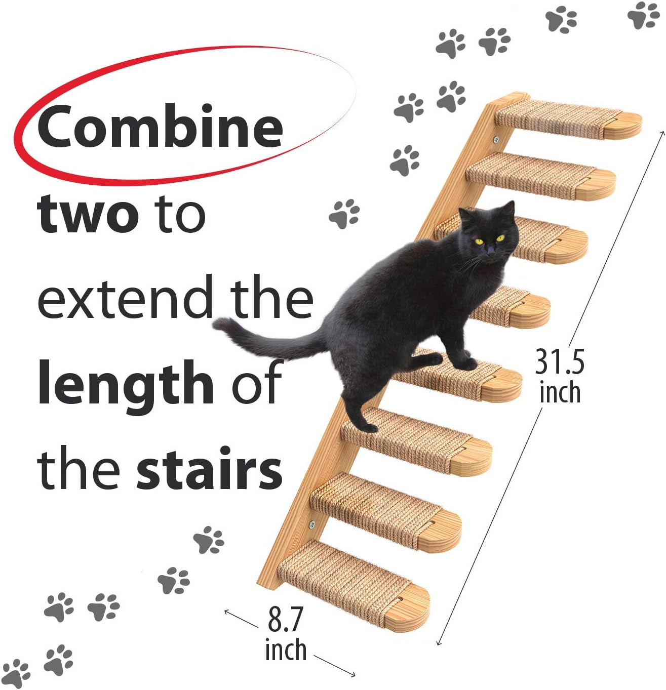 Cat Steps - Solid Rubber Wood Cat Wall Stairs Great for Scratching and Climbing - Easy to Install Wall Mounted Shelves for Playful Cats (Wood, Left-Right)