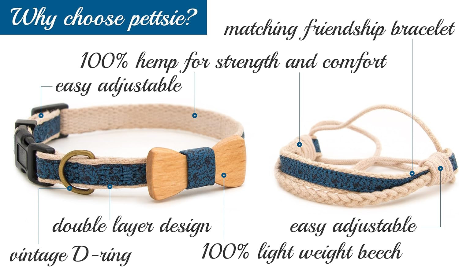 Adjustable Dog Bow Tie Collar with Matching Owner Friendship Bracelet – Stylish & Durable Pet Accessory, Soft Hemp & Cotton, Secure D-Ring, Gift-Ready Set, XS, Blue