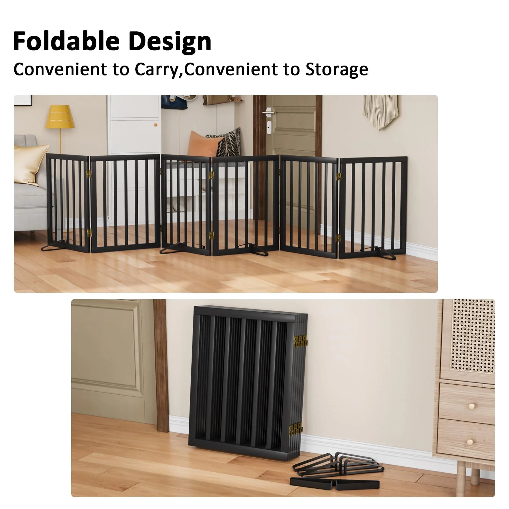 Bamboo Dog Gate Freestanding Pet Gate with 2 Support Feet for Doorways,Black,24"H,6 Panel