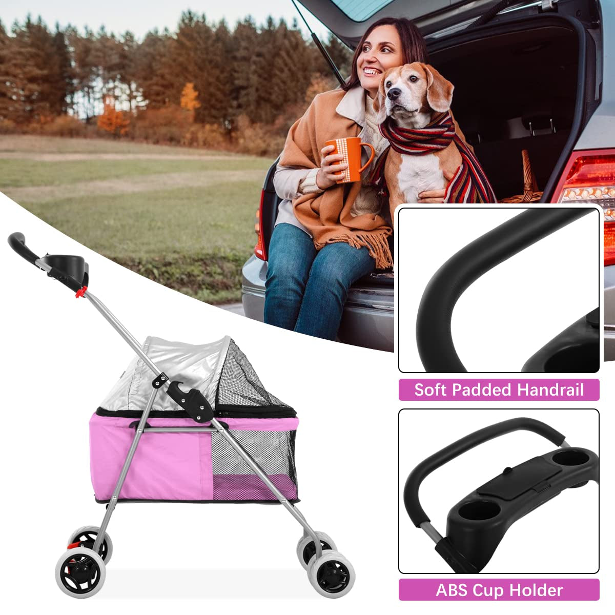 Pet Stroller for Small Medium Dogs & Cats - 4 Wheel Foldable Jogger Travel Stroller Carrier with Removable Liner Storage Basket, up to 35 LBS, Pink 30 X 19 X 36.8 Inch