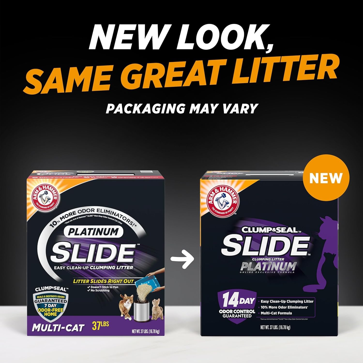 Clump & Seal SLIDE Platinum Multi-Cat Clumping Cat Litter, 14-Day Odor Control, EZ Clean Technology, 37 Lbs – No Scrubbing, Powerful Odor Eliminator