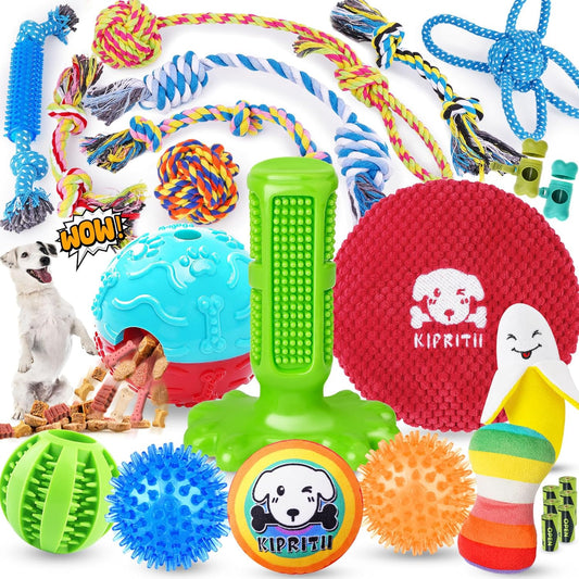 25 Pack Dog Toys Set – Ideal for Teething, Entertainment & Interactive Play, Includes Puppy Toys, Rope Toys, Treat Balls and Squeaky Dog Toys