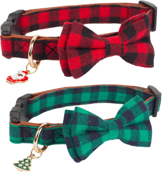 Christmas Dog Collar with Bow, Removable Bowtie, Adjustable Red Green Plaid Christmas Collars for Medium Large Dogs (Large)