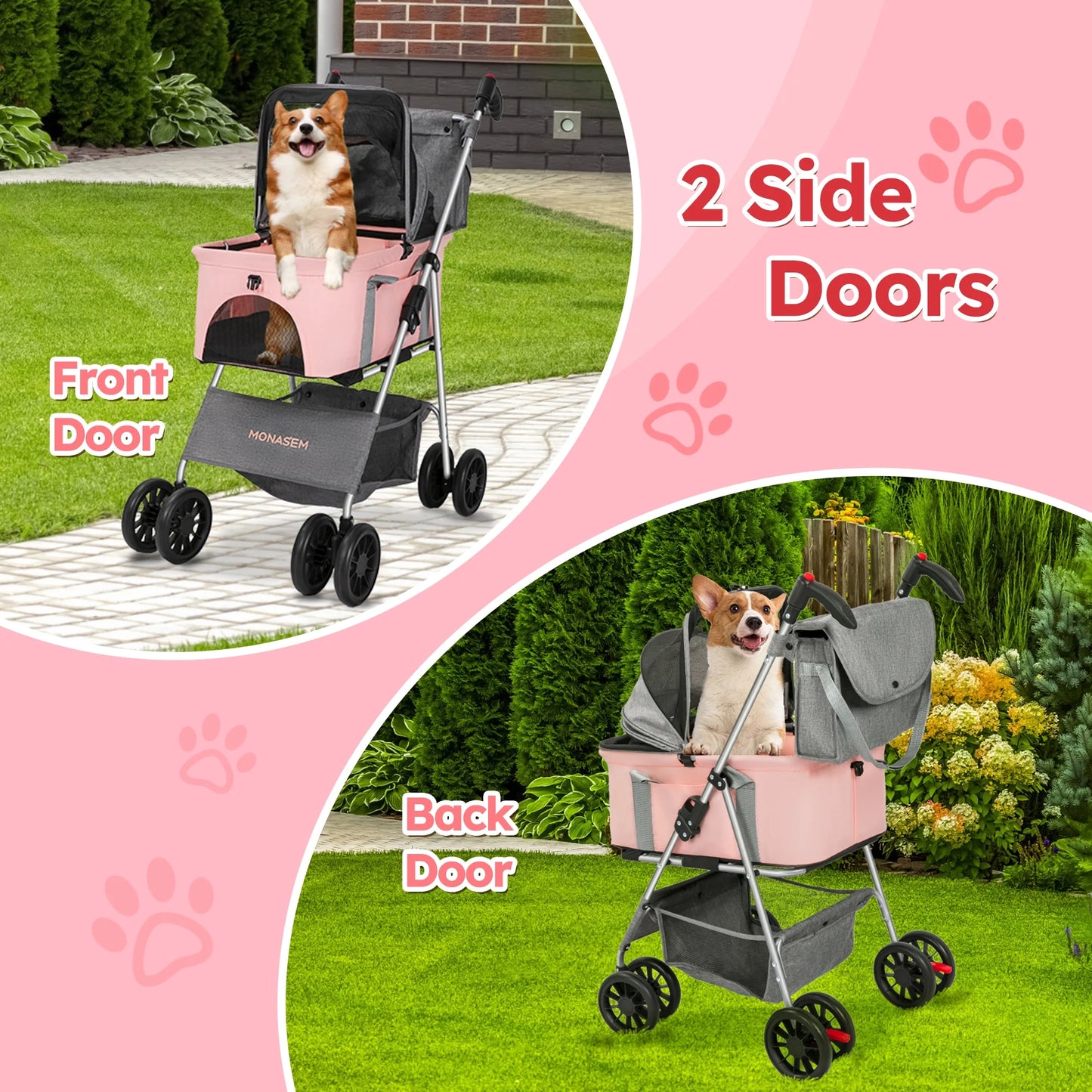 4 Wheels Foldable Pet Stroller 3 in 1 with Waterproof Detachable Pets Travel Carrier for Small/Medium Dogs Cats up to 60Lbs, Pink