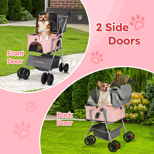 4 Wheels Foldable Pet Stroller 3 in 1 with Waterproof Detachable Pets Travel Carrier for Small/Medium Dogs Cats up to 60Lbs, Pink