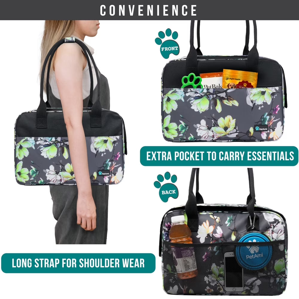 Petami Dog Purse Carrier for Small Dogs, Airline Approved Soft Sided Pet Carrier W/ Pockets, Ventilated Dog Carrying Bag Puppy Cat, Dog Travel Supplies Accessories Carry Tote, Sherpa Bed, Floral Gray