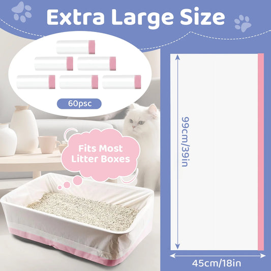 60 Pcs Cat Litter Box Liners, 39'' X 18'' Large Litter Box Liner with Drawstring, Heavy Duty Kitty Litter Bags Liners, 2.2 Mils Thicken Drawstring Bags for Cats Kitties Litter Box