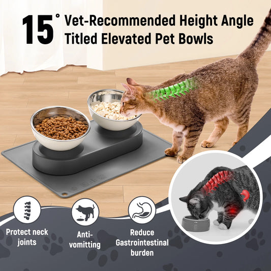 Stainless Steel Elevated Cat Bowls Set with Anti-Slip Mat
