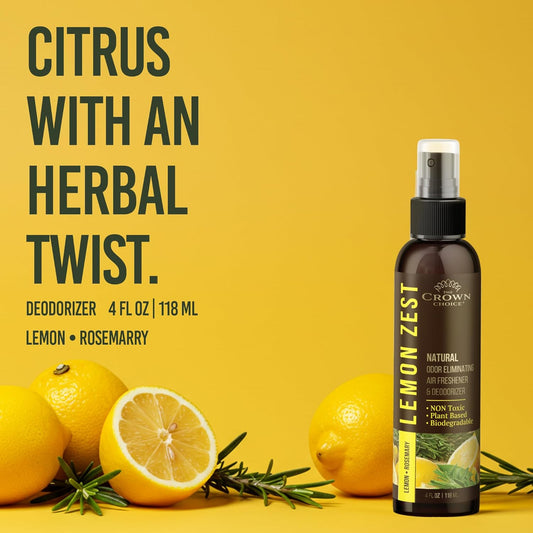 Non-Toxic Odor Eliminator, Natural Citrus Lemon Zest Air Freshener Spray for Home, Room, Closet & Couch Deodorizer, Long Lasting Bathroom & Toilet Freshener, Safe for Kids & Pets - 2 PK - 4 Oz Each