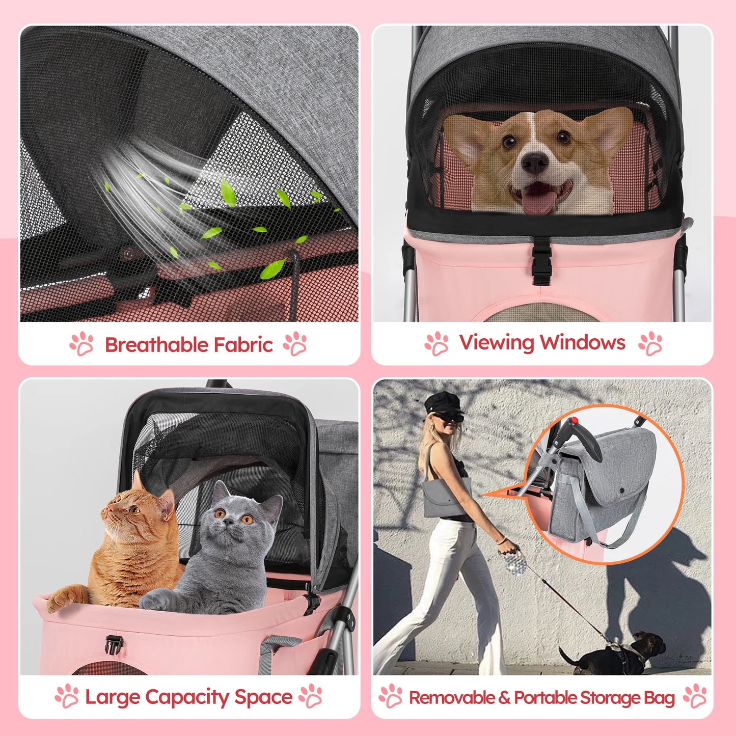 4 Wheels Foldable Pet Stroller 3 in 1 with Waterproof Detachable Pets Travel Carrier for Small/Medium Dogs Cats up to 60Lbs, Pink