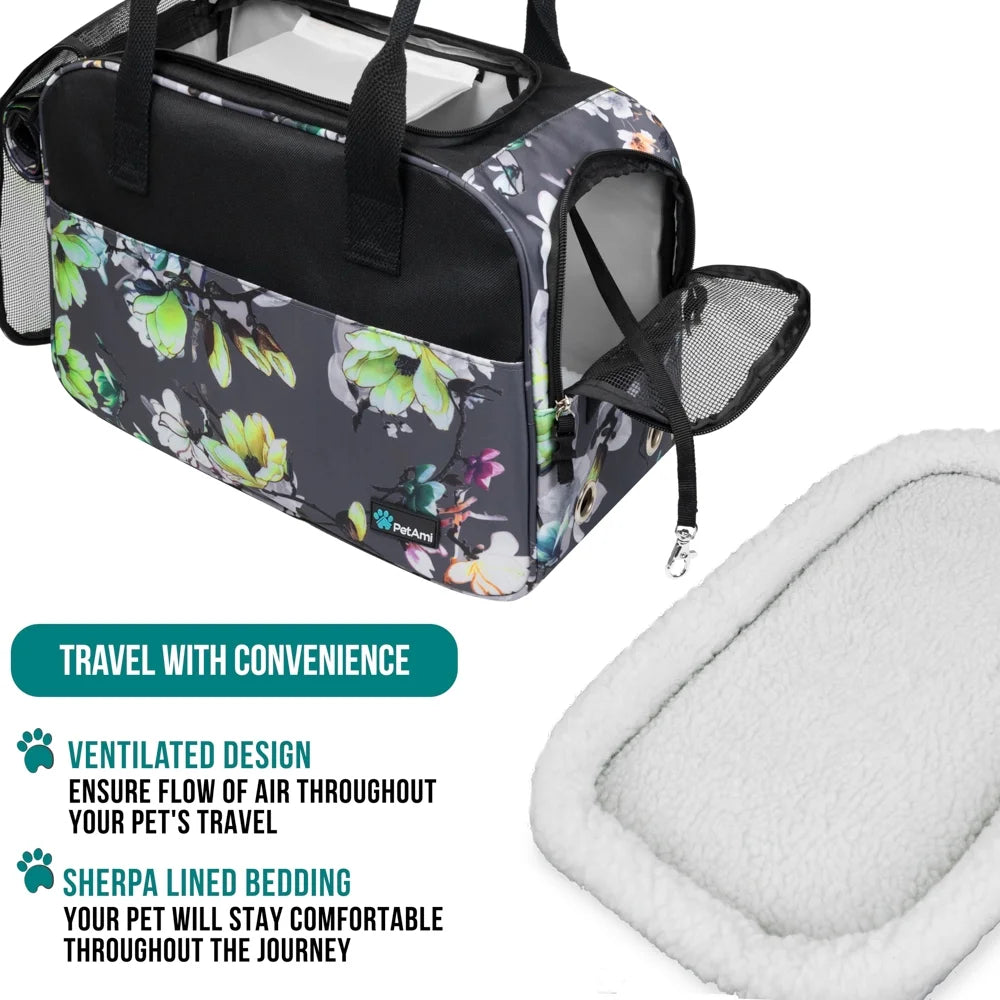 Petami Dog Purse Carrier for Small Dogs, Airline Approved Soft Sided Pet Carrier W/ Pockets, Ventilated Dog Carrying Bag Puppy Cat, Dog Travel Supplies Accessories Carry Tote, Sherpa Bed, Floral Gray