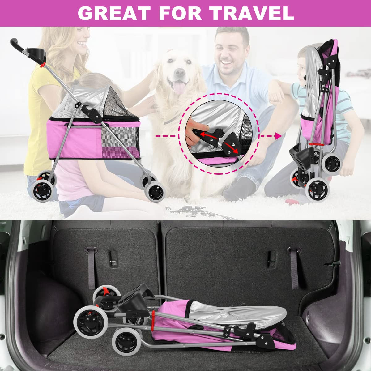 Pet Stroller for Small Medium Dogs & Cats - 4 Wheel Foldable Jogger Travel Stroller Carrier with Removable Liner Storage Basket, up to 35 LBS, Pink 30 X 19 X 36.8 Inch