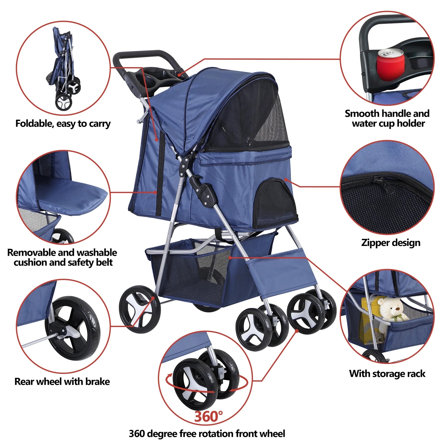 4 Wheels Small Pet Dog Stroller Foldable Strolling Cart Max.33Lbs W/Storage Basket & Cup Holder,Navy