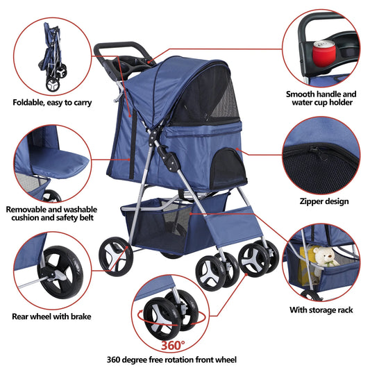 4 Wheels Small Pet Dog Stroller Foldable Strolling Cart Max.33Lbs W/Storage Basket & Cup Holder,Navy