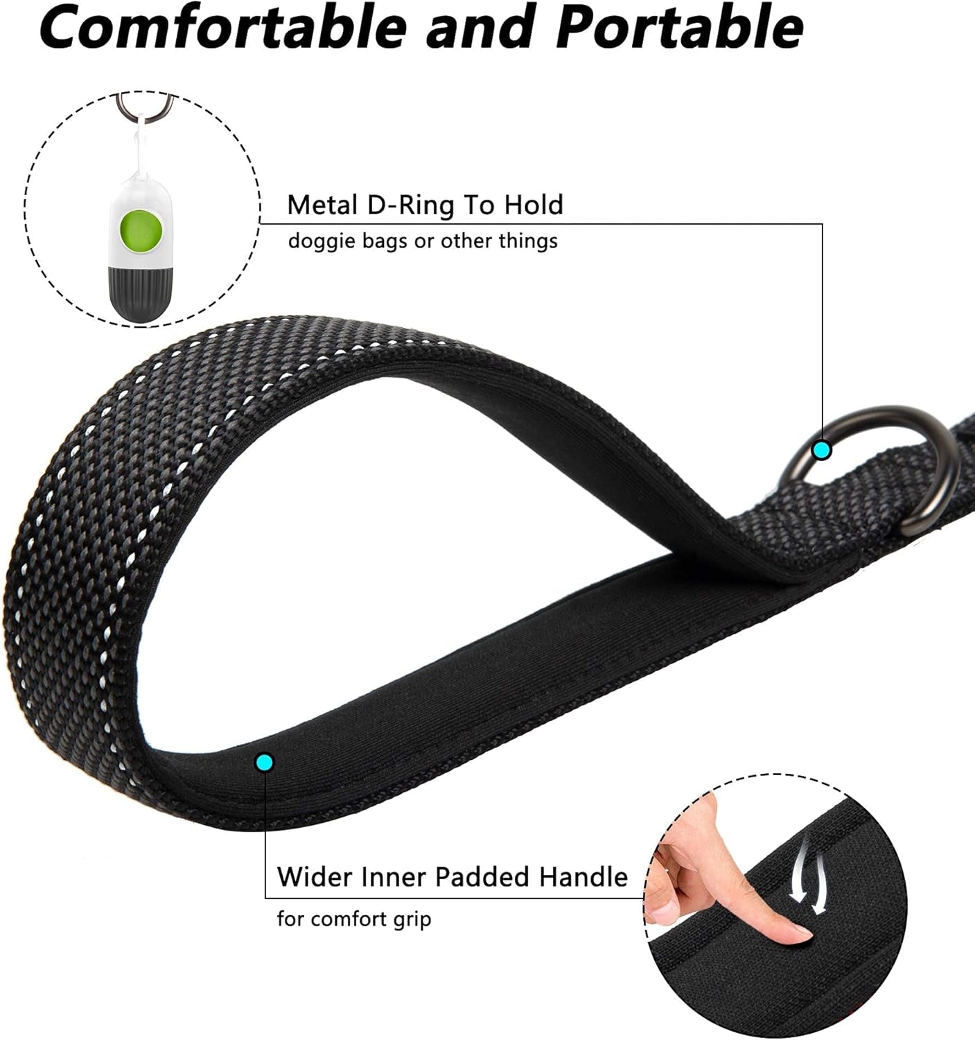 6FT Heavy Duty Dog Leash with Soft Padded Double Handle, Durable Strong Clasp Dog Leashes, Reflective Nylon Walking Lead for Large,Medium,Small Breed Dogs, Black