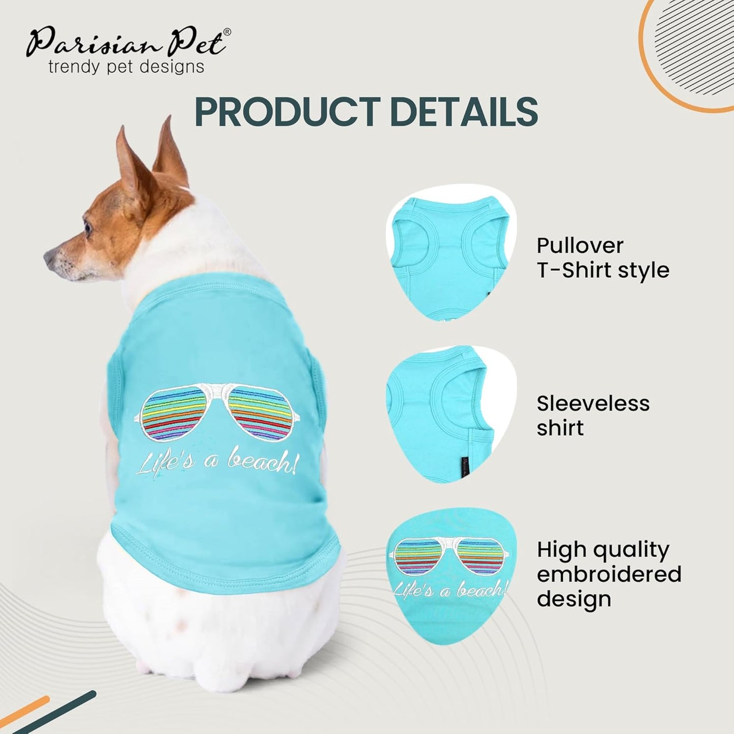 Dog Tshirt - Embroidered “Life’S a Beach“ Dog Shirt - Lightweight Pet Tank Top- 100% Cotton, Doggy Tee Shirts - Summer Dogs Clothes - Machine Washable Shirt for Large Dogs -2XL