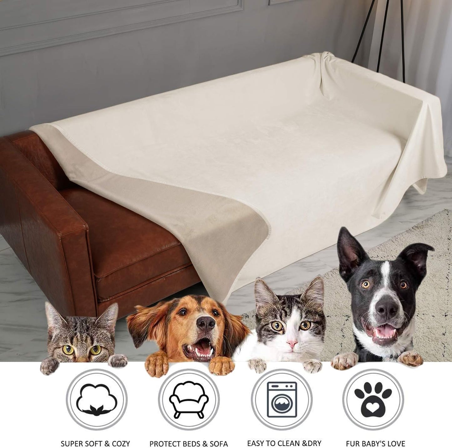 Pet Bed Blanket Reversible 100% Waterproof Velvet Super Soft for Sofa and Bed (40X60 Inches, Cream+Beige)