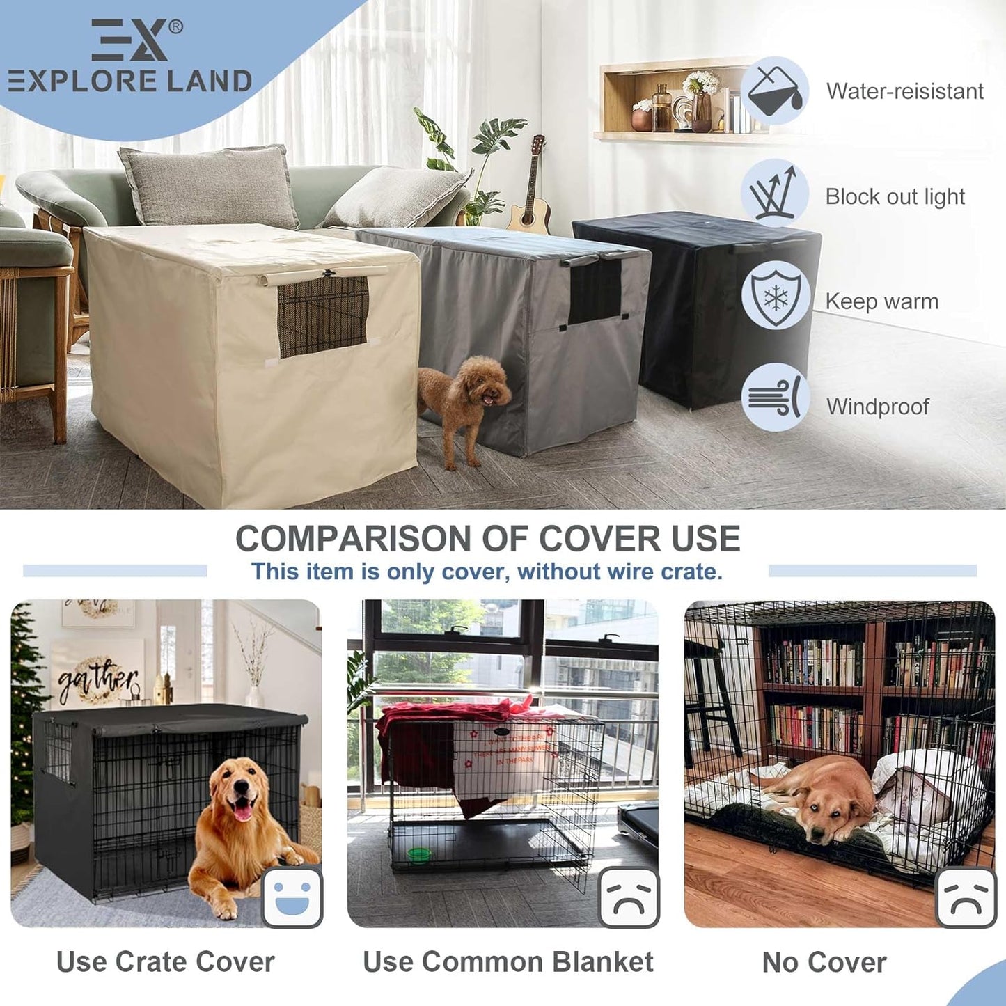 Dog Crate Cover Heavy Duty Polyester Pet Kennel Sunshade Universal Fit for 36 Inches Wire Cage (Black)