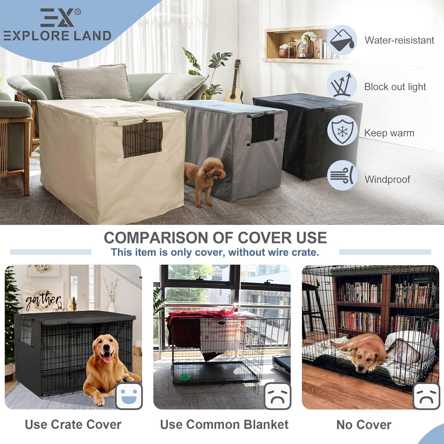Dog Crate Cover Heavy Duty Polyester Pet Kennel Sunshade Universal Fit for 36 Inches Wire Cage (Black)
