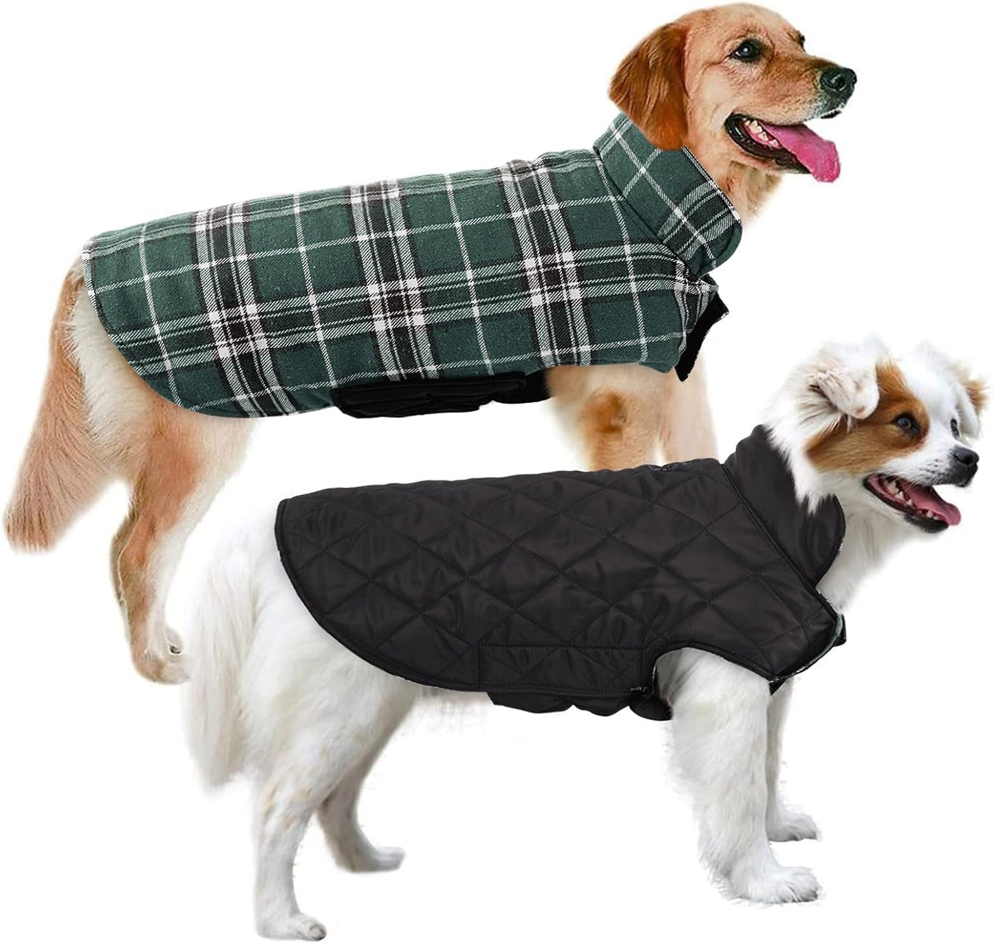 Dog Jackets for Winter, Reversible, Windproof, Waterproof Jackets in Plaid, Warm Vest for Medium Dogs, Green, M