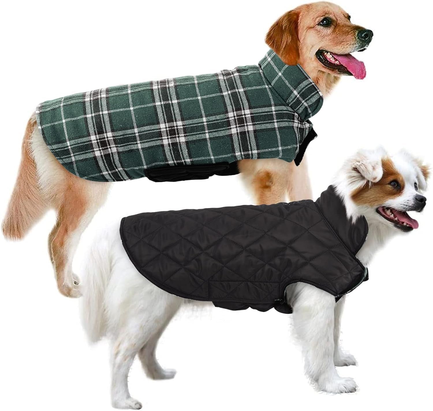 Dog Jackets for Winter, Reversible, Windproof, Waterproof Jackets in Plaid, Warm Vest for Medium Dogs, Green, M