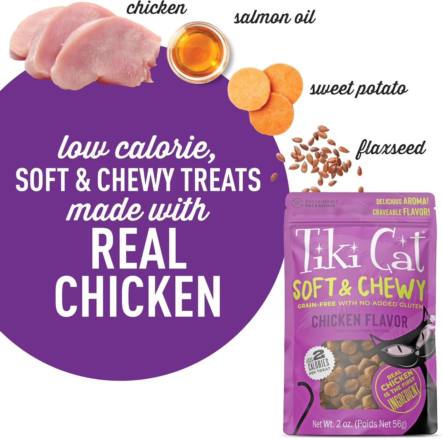 Tiki Cat Soft & Chewy Treats, Chicken Flavor, 3 Calories per Treat with Grain-Free and No Added Gluten, 2 Oz Pouch (Pack of 1)