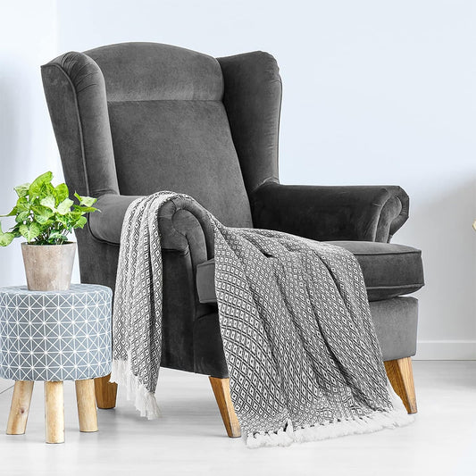 50X60 Throw Blanket - Soft and Breathable Cotton Throw Blanket for Couch, Bed, Chair - Decorative Blankets Perfect for Home or Outdoor Use - Cloud Grey and White Mini Diamond Design