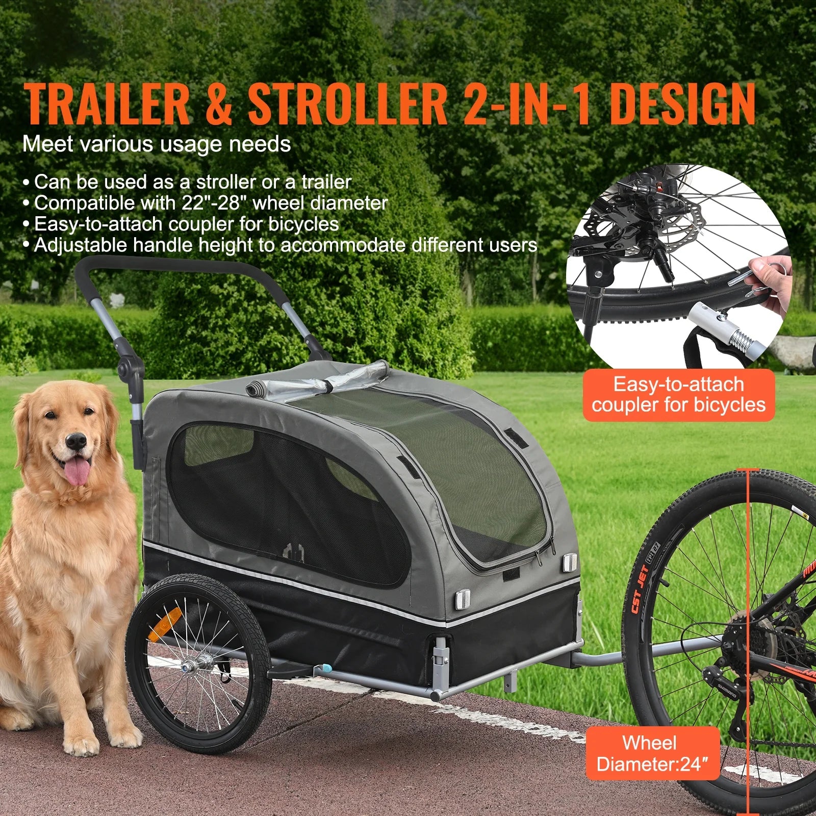 Pet Bike Trailer, up to 88 Lbs Capacity, Dual-Function Dog Stroller and Bicycle Hitch, Foldable Frame with Snap-On Wheels, Includes Bike Attachment, Safety Reflectors, and Flag, Black/Gray