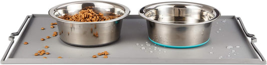 Deep Stainless Steel Anti-Slip Dog Bowls with Silicone Mat - 2 Bowls + Mat, 2 Cups