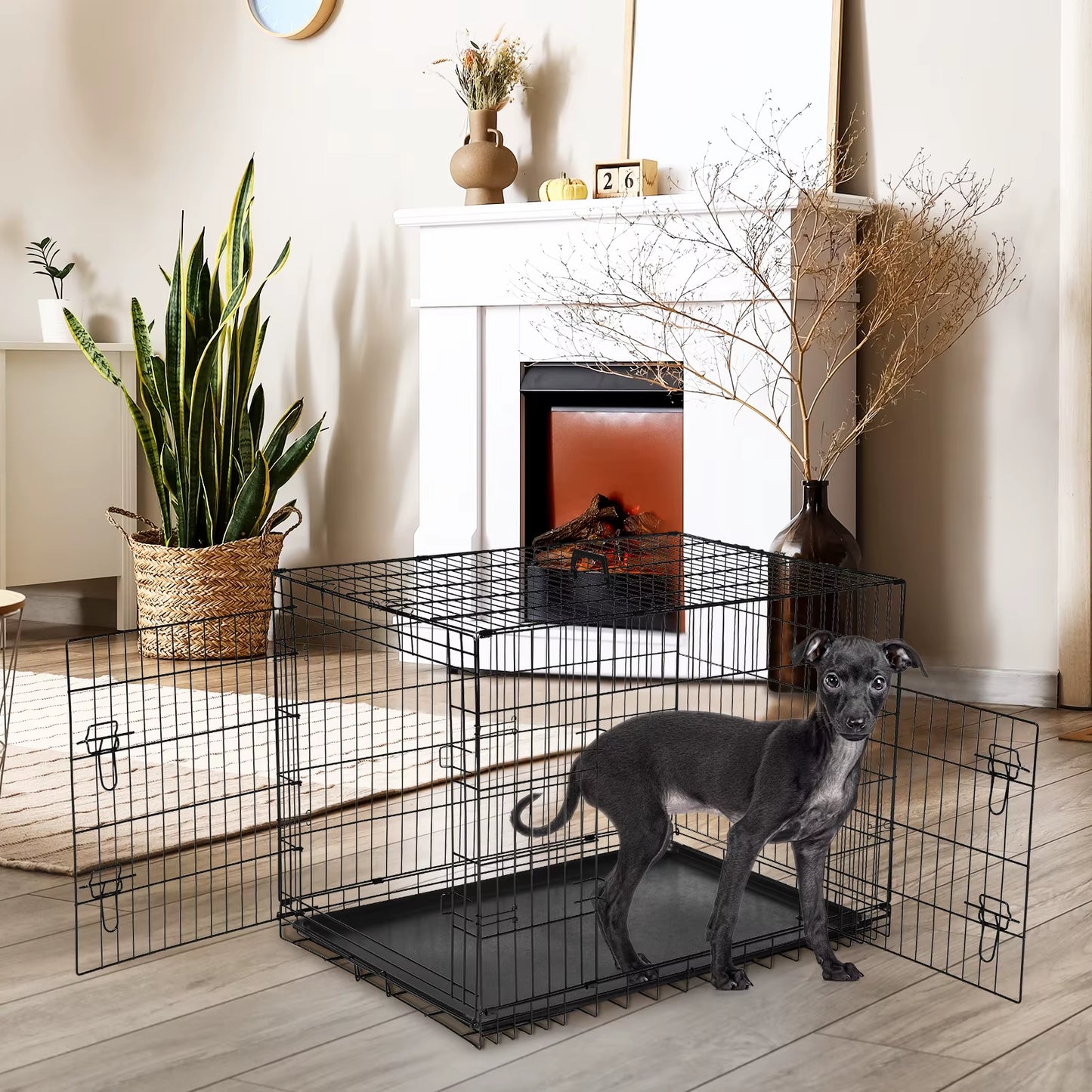 48 Inch Double Door Folding Metal Wire Dog Cage with Plastic Leak-Proof Pan Tray Extra Large Pet Kennel for Outdoor Travel