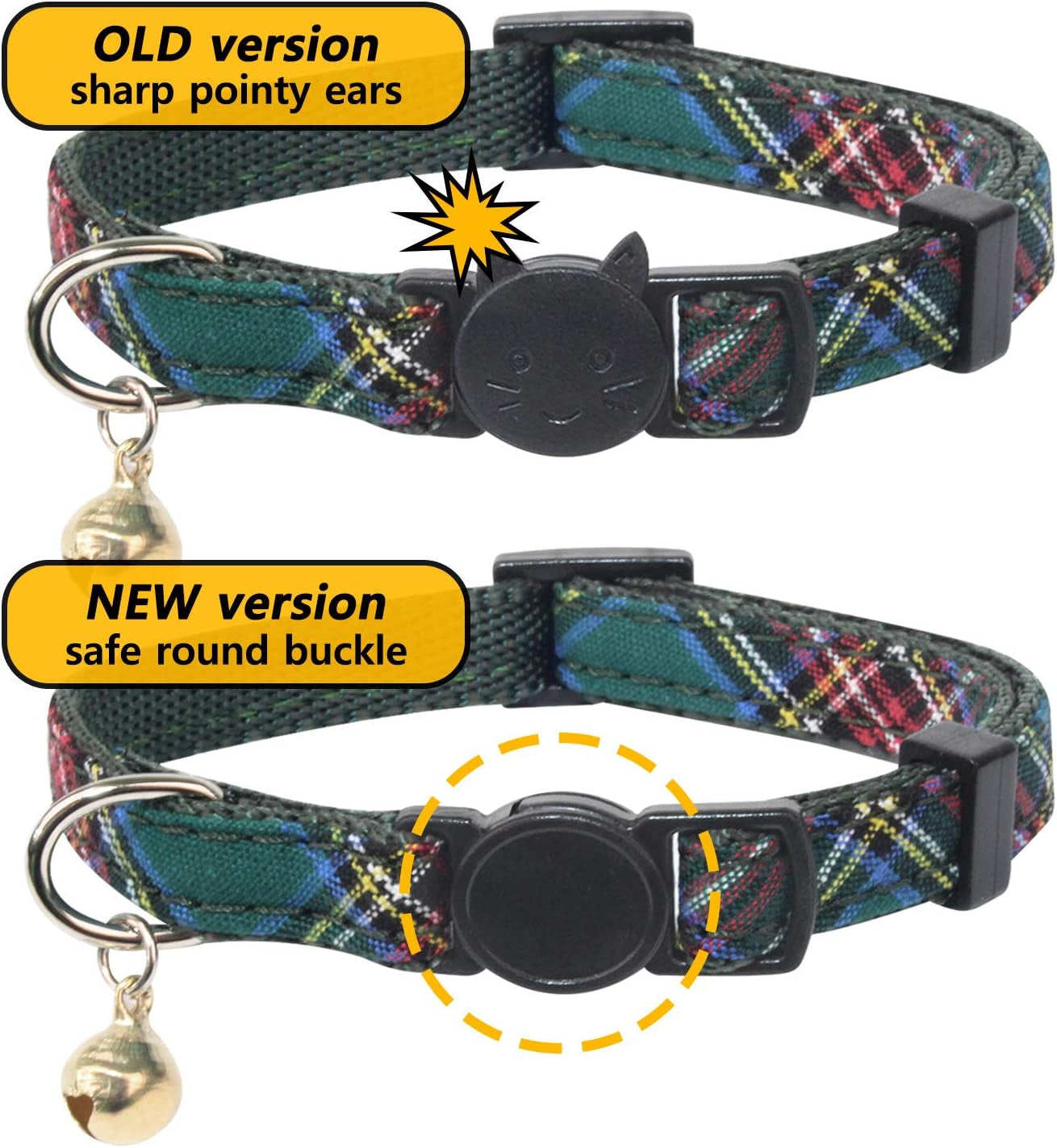 4 Pack Breakaway Cat Collar with Bell,Safety Buckle Collars for Kitten Kitty,Cute Pattern Collars Adjustable from 7-11 Inches (Green)